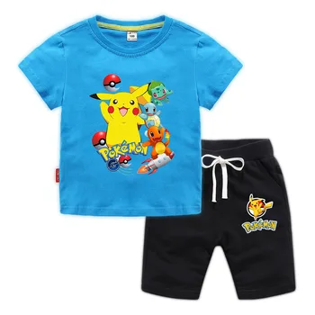 

Baby Boys Pokemon Go Detective Pikachu clothes Summer T shirts 2pcs Cotton Cartoon long sleeve Sport Girls T-shirts+shorts Set