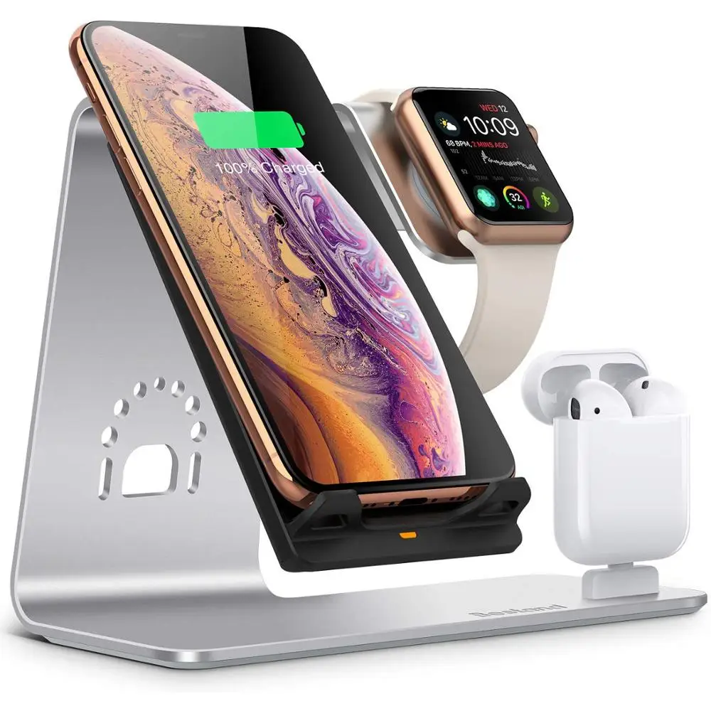 SILVER 3 в 1 10 Вт алюминиевая Qi Беспроводная зарядная док-станция для Airpods Apple Watch 2 3 4 iPhone 11 X Xs Max XR samsung S10 S9 - Цвет: SILVER