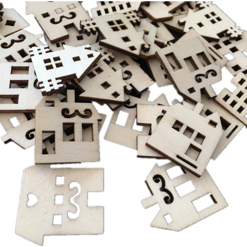 Description Picture 6 of item50PCS 30mm Wooden House Shaped Embellishments Hanging Ornaments Unfinished Wood Cutouts Ornaments for Christmas Crafts Decor