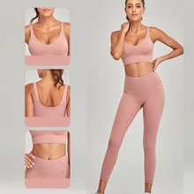 Conjunto esportivo feminino top e calça legging sem costura, peças conjunto para treino yoga
