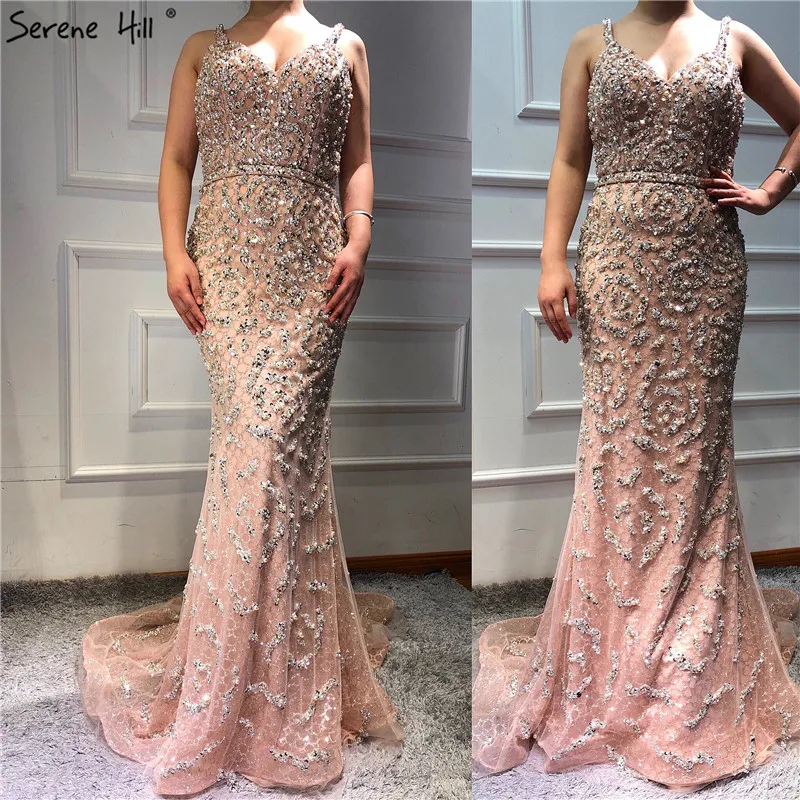 Serene Hill V-Neck Mermaid Sexy Evening Dress Dubai Luxury Sleeveless Full Beadings Cocktail Formal Party Gown CLA60729 - Цвет: Peachy