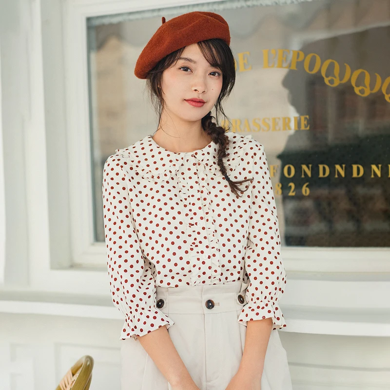  INMAN 2020 Spring New Arrival Literary Doll Colar Lace Age-reducing Wave Point Loode Medium Sleeve 