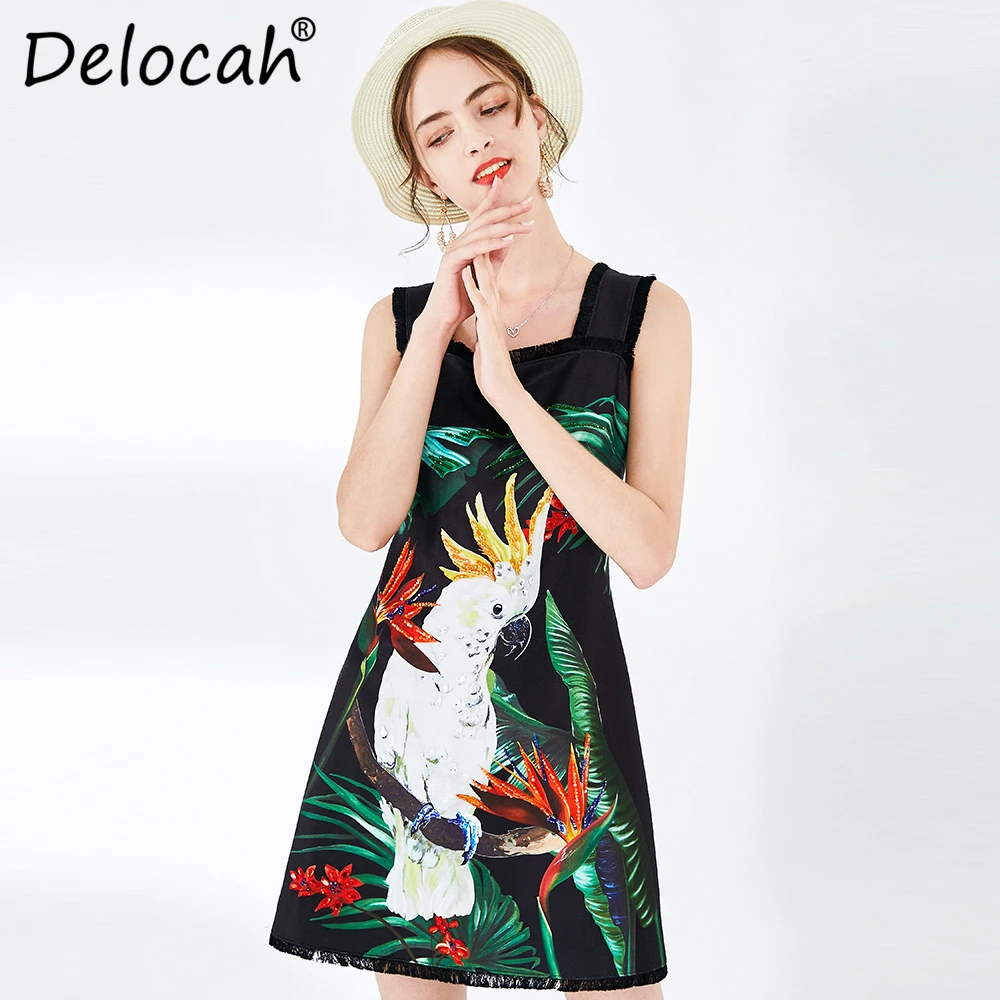 

Delocah 2020 Women Spring Summer Dress Runway Fashion Designer Sexy Spaghetti Strap Gorgeous Crystal Beading Slim Lady Dresses