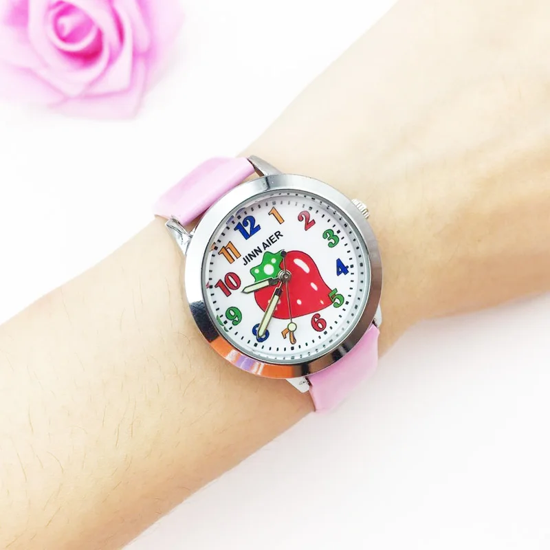 hot fashion cartoon watch for kids jelly leather strap girl's quartz watch boy students clock Strawberry pattern drop shipping wholesale colorful number (22)