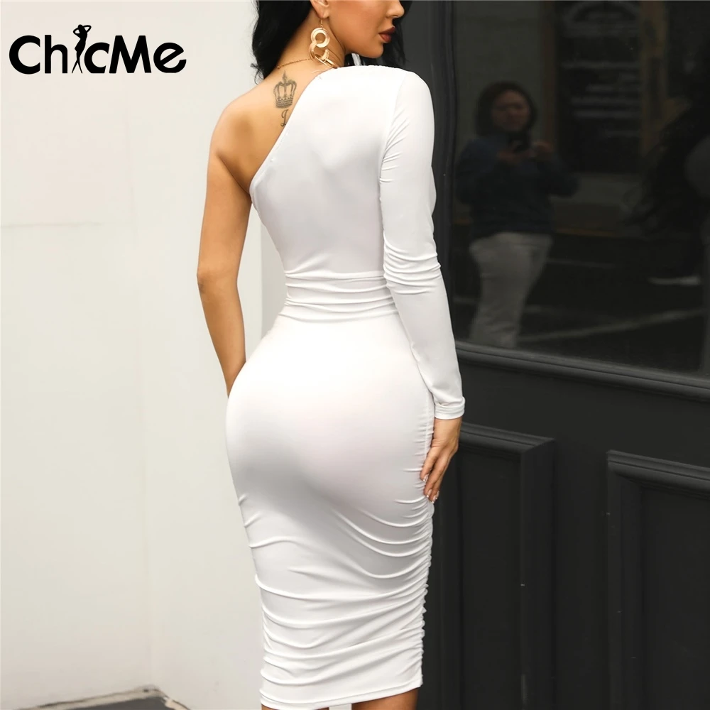 Chicme Fall 2021 Women Midi One Shoulder Ruched Design Bodycon Dress Femme  White Belted Long Sleeve Vestidos Sexy Elegant|Dresses| - AliExpress