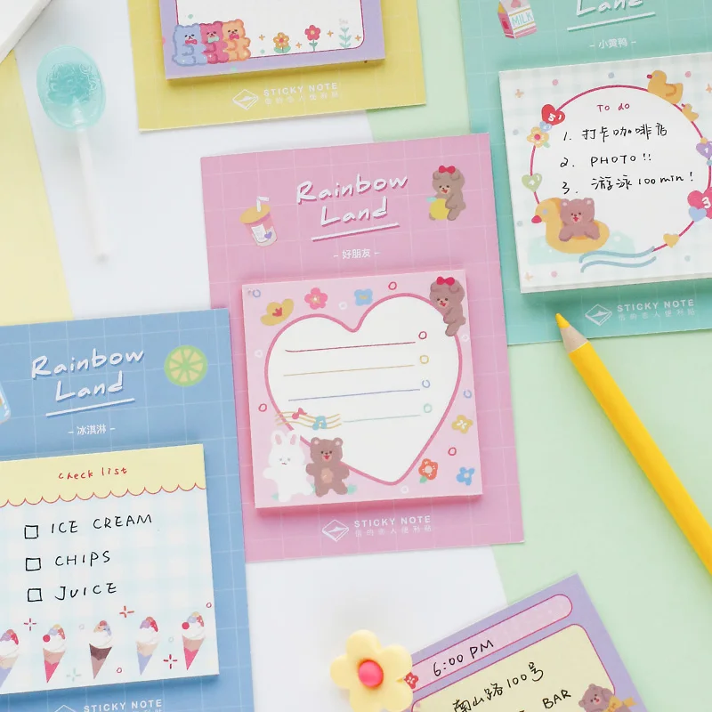 

4pcs Rainbow land sticky note set Lovely bear icecream color memo pad Post stickers Marker it Stationery Office School A6763