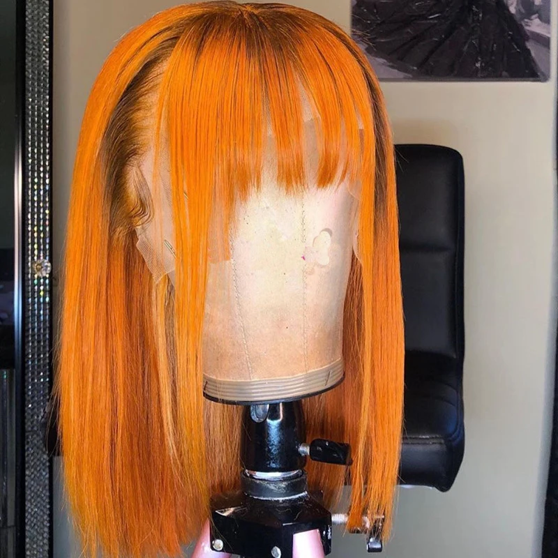Lowered Human-Hair-Wigs Highlight Ginger Blonde Lace-Front Pre-Pluck Short-Bob-Bands Orange 150-Density lbQKMqDRRJx