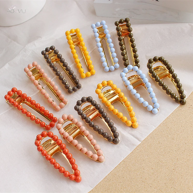 

Korea Beads Cute Hairpins Candy Color Girls Hair Clips Geometric Water Drop Hollow Barrettes Metal Alloy Hair Accessories