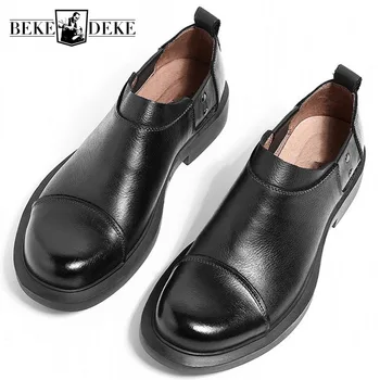 

Smart Casual British Round Toe Mens Genuine Leather Formal Shoes Fashion Slip On Breathable Mid Heel Vintage Male Loafer Shoes