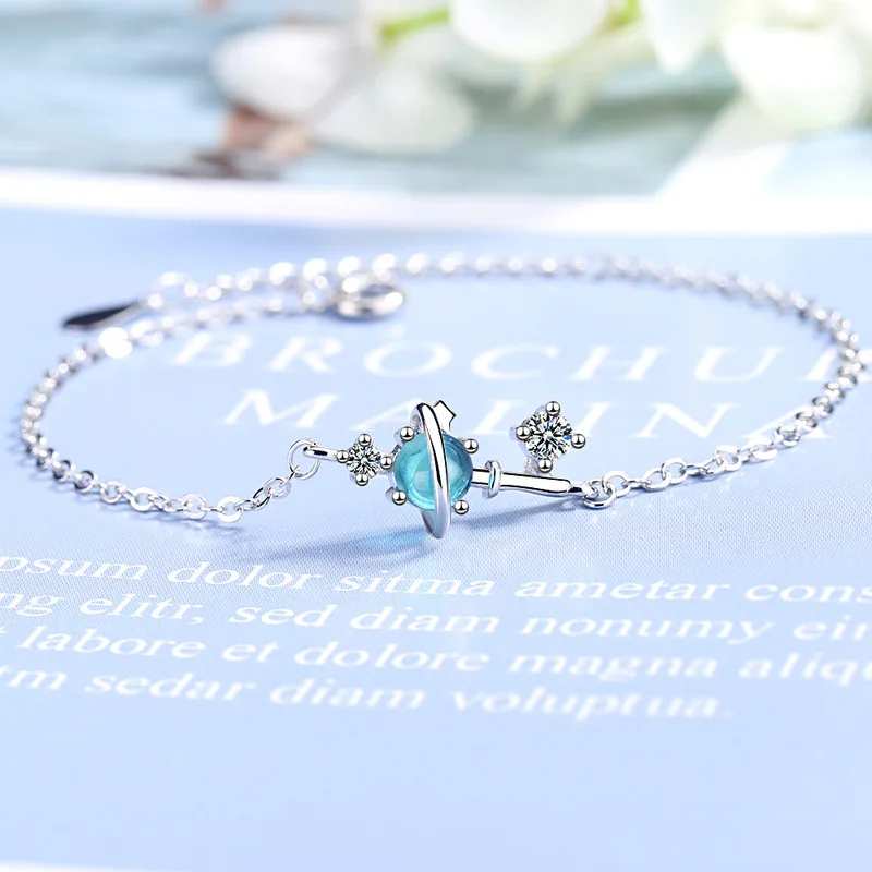 Girl Heart Blue Crystal Planet Universe Stars Bracelet Silver Color Resizable Bracelets Cute Christmas Fashion Gift | Украшения и