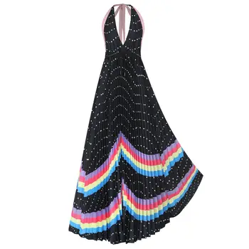 

Halter Bohemian Pleated Dress Women Dot Sleeveless Long Dress V Neck Ribbon Bandage Maxi Dresses Sexy Backless Summer Dresses