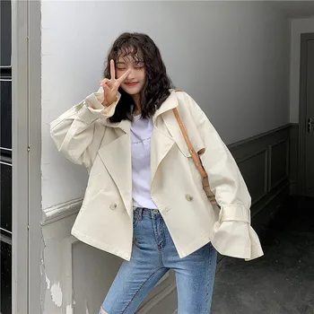 

2020 Spring And Autumn New Youth Popular Solid Color Chic Short Trench Coat Fashion Casual Double-breasted Shirt White / Khaki