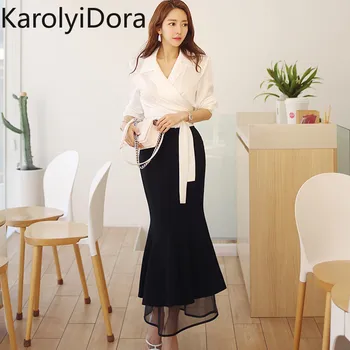

2019 Autumn Office Ladies 2 Pieces Set Women Long Sleeve Notched Lace-up Bow White Blouse Shirt+Long Ruffles Mermaid Skirt Suit