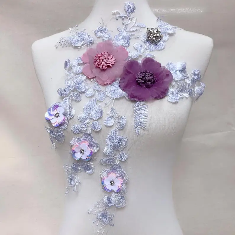 1 Pcs Mauve Purple 3D Tier Floral Rhinestones Embroidery TrimTulle Applique Ribbon pistil with Shell Reflection Petals Patch | Дом и сад