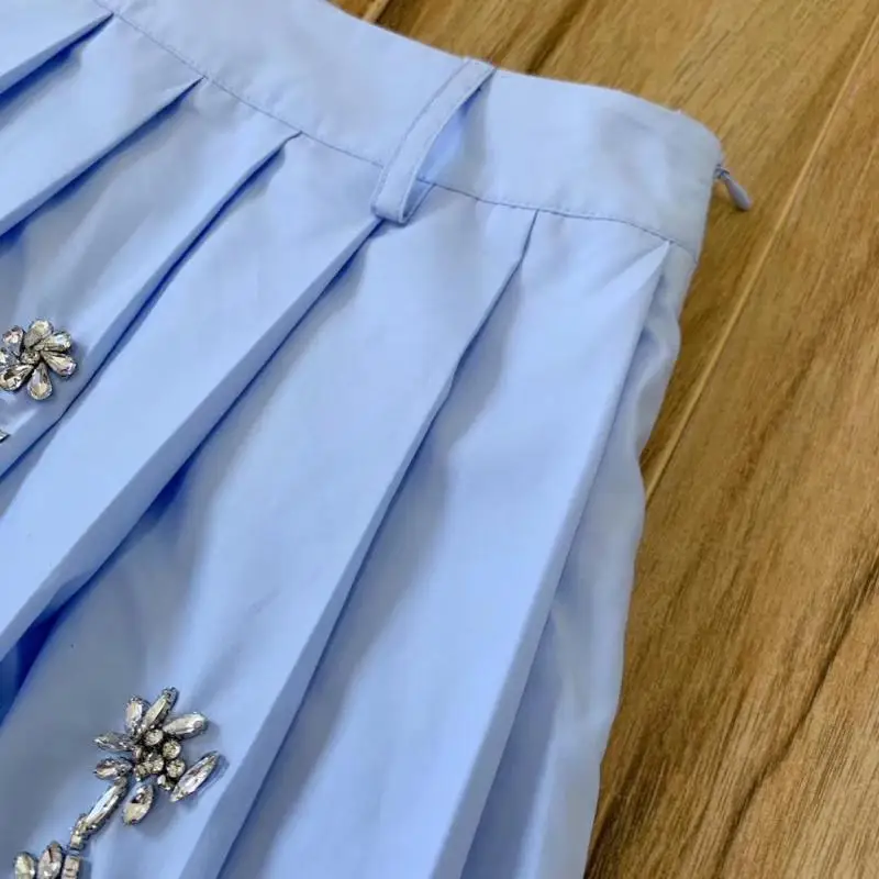 Красный RoosaRosee дизайнерский осенний женский хлопковый комплект с синими бриллиантами блузка с длинным рукавом плиссированная юбка Twinset Модный женский костюм для вечеринки