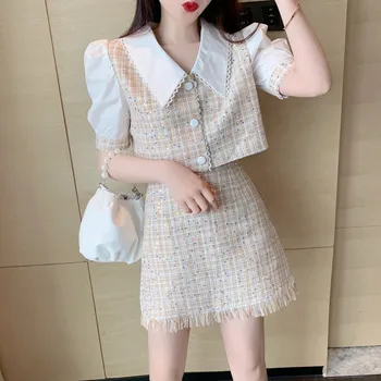 

2020 New Summer Runway Sequins Tweed Suit Set Women's Single Breasted Short Top+ High Waist Tassels Plaid Mini Skirt Suit