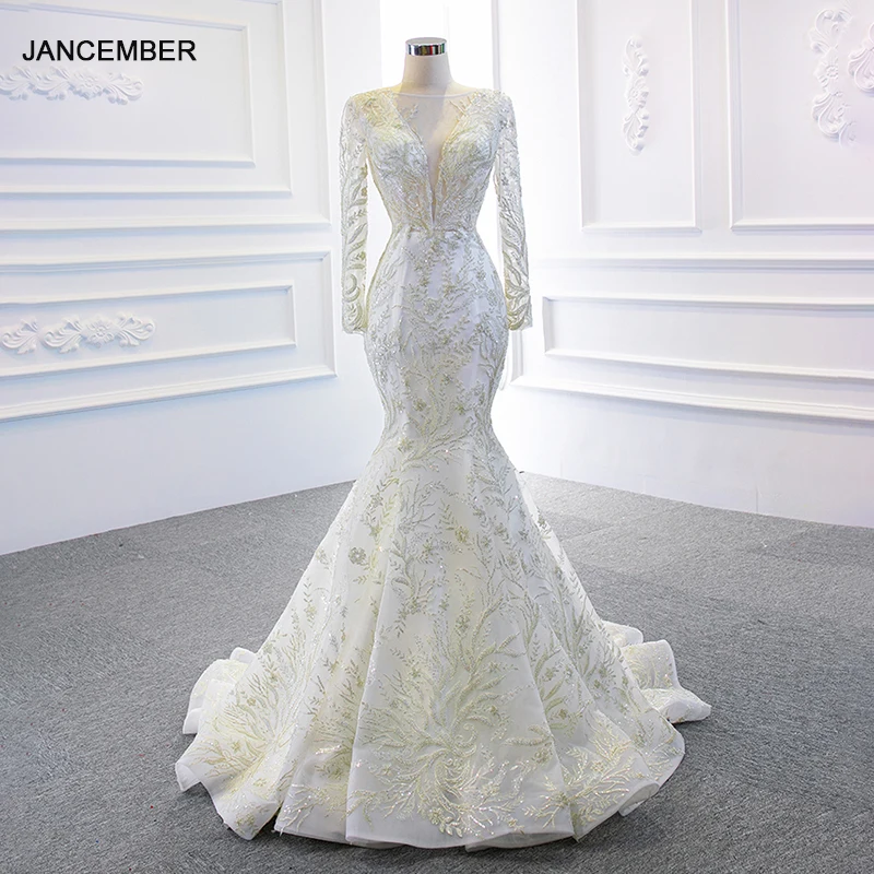 

RSM67156 Sexy White Applique Print Pattern Design Bridal Wedding Dress 2021 Deep V-neck Long Sleeve Transparent Lace Skirt
