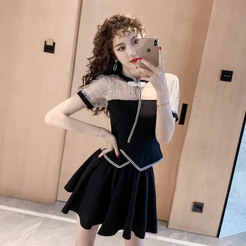 

Women's mini dress 2020 summer new cheongsam top + short skirt two-piece suit