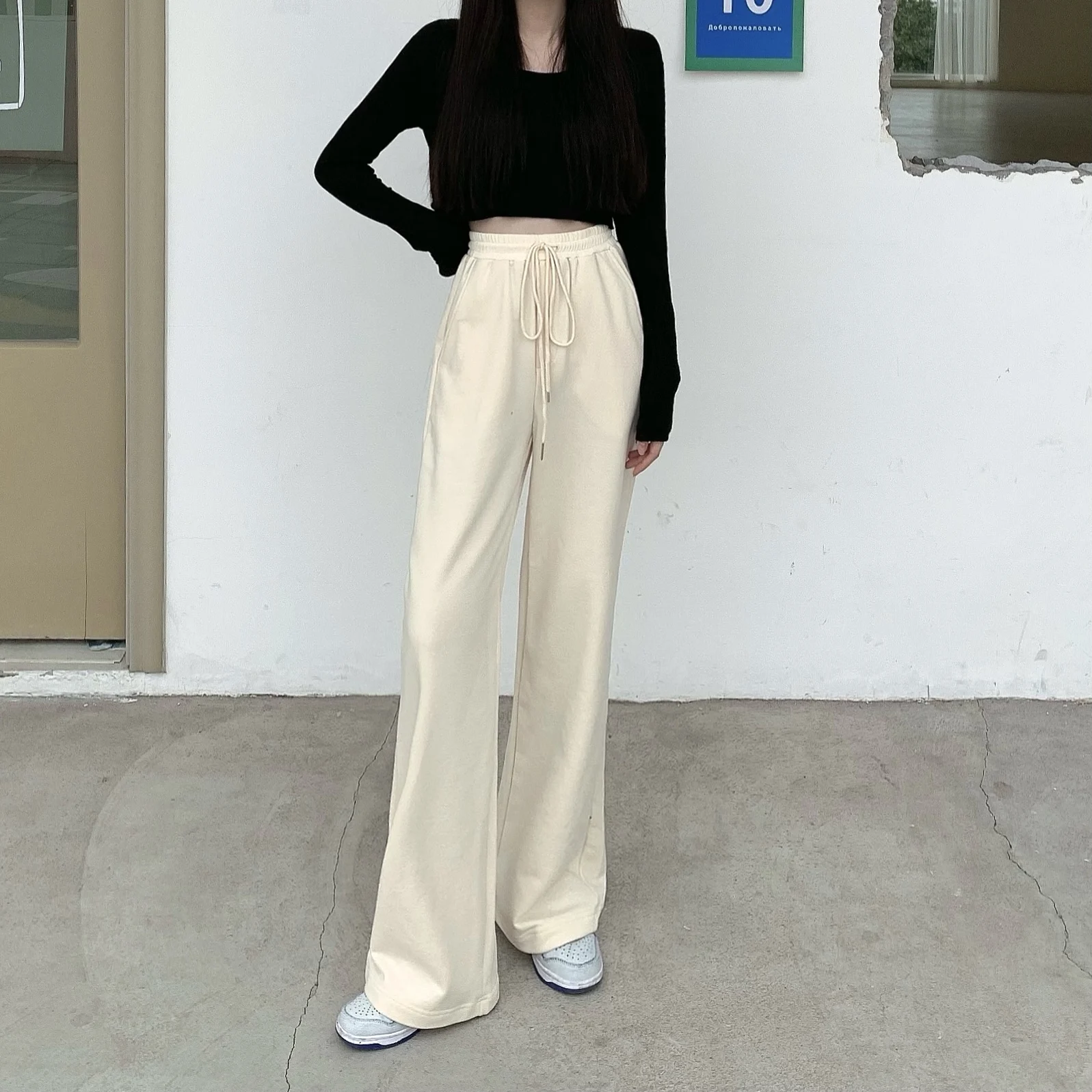 

Spring Autumn Korean Women's Pants Loose Wide-Legged High-Waist Casual Sports Straight Drawstring Trousers