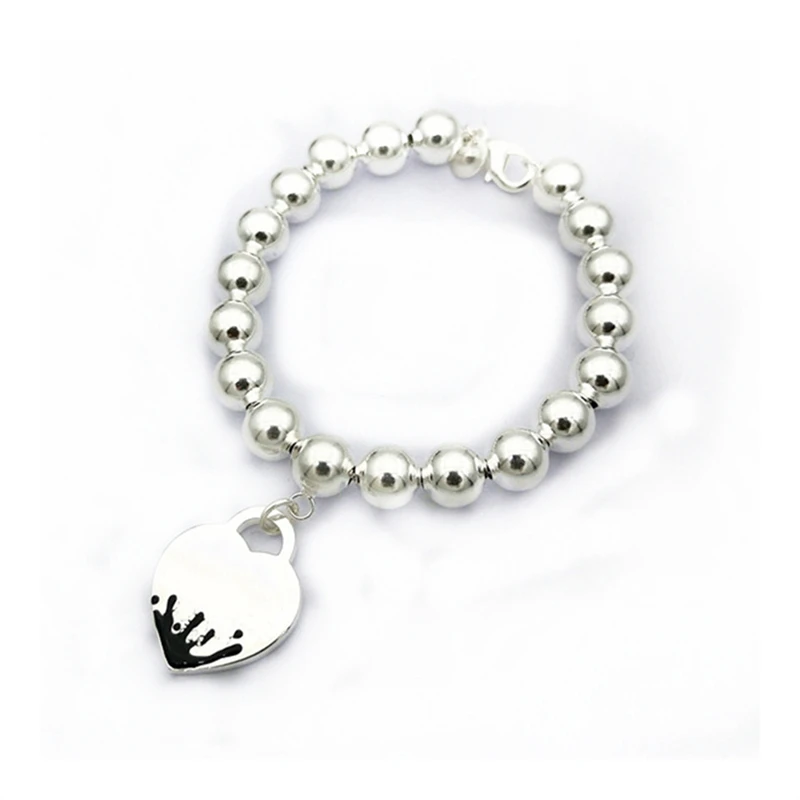 SHINETUNG,, Серебро S925 пробы, Черный всплеск, эмаль, в форме сердца, из бисера(8 мм), браслет для женщин с логотипом, высококачественные ювелирные изделия - Окраска металла: TIFFB8229