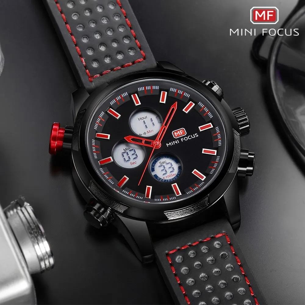 MINI FOCUS Luxury Brand Watch Men Sports Watches Analog Digital Dual Display Leather Men's Watches Army Military Watch Man Clock