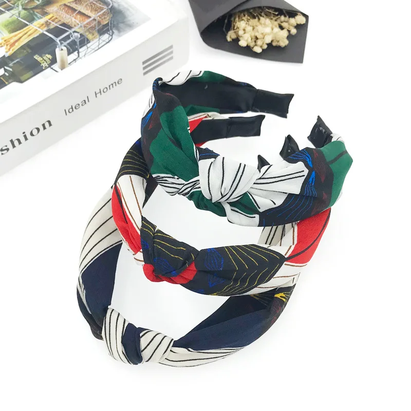 

New Style Fashion Fabric Large Rims Cross Knot Printed Hair Bands Korean-style Headband Hair Accessories Factory