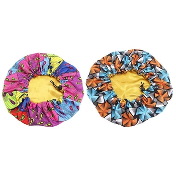 

2x Brown/Purple New Extra Large Size African Pattern Satin Bonnet Big Wave Brim Ankara Dashiki Night Sleep Cap