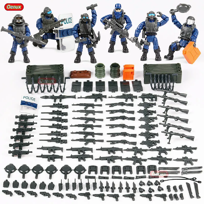 

Oenux New City Policeman Figures With Movable Joint Military Building Block Brick SWAT Police With Weapons Model Brick Kids Toy
