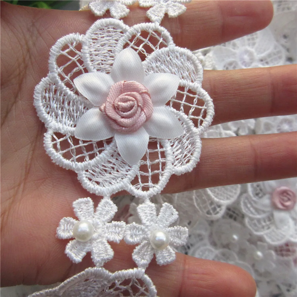 10x Polyester Pink Flowers Pearl Embroidered Lace Trim Ribbon Patches Applique Fabric DIY Wedding Dress Sewing Supplies Craft | Дом и сад