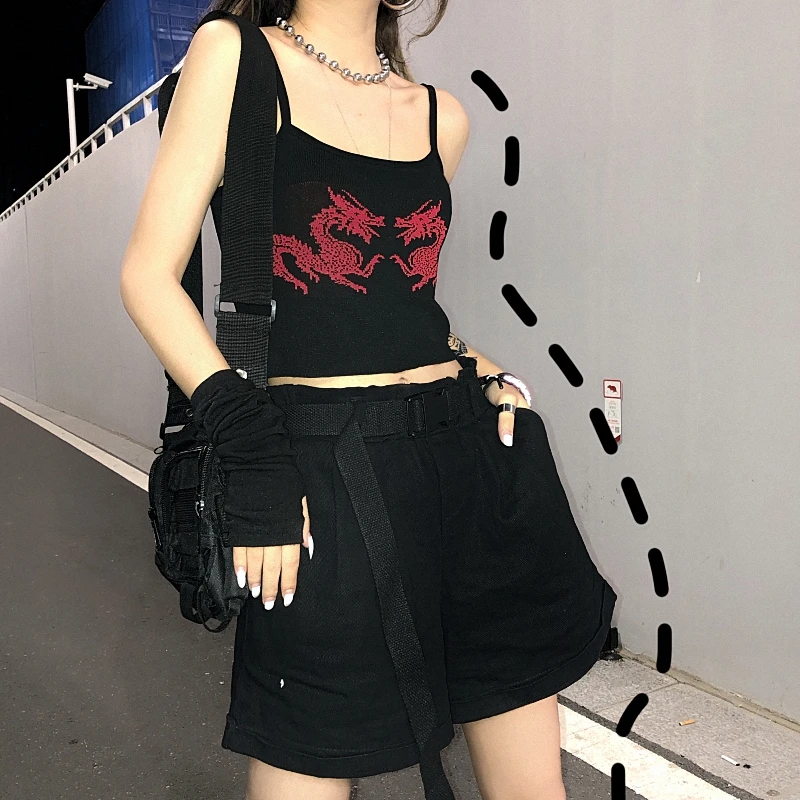 Lychee Harajuku однотонные Женские топы с принтом дракона, летние женские топы без рукавов, женские топы, свободные женские укороченные топы