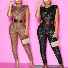 

Shinny Jumpsuits Elegant for Evening Party Night Club 2021 New Summer Sequined Jumpsuits Sleeveless High Waist Bodycon Rompers