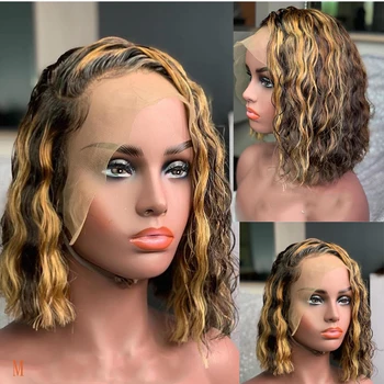 

Ombre Honey Blonde Short Curly Bob Wig Highlight 13*6 Deep Part Lace Front Wigs Brazilian Remy Human Hair 150% Glueless Closure