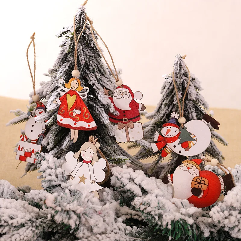 

6pcs Christmas Tree Decorations Wooden Painted Santa Claus Snowman Angel Pendant New Year 2020 Kids Gifts Noel Navidad Ornaments