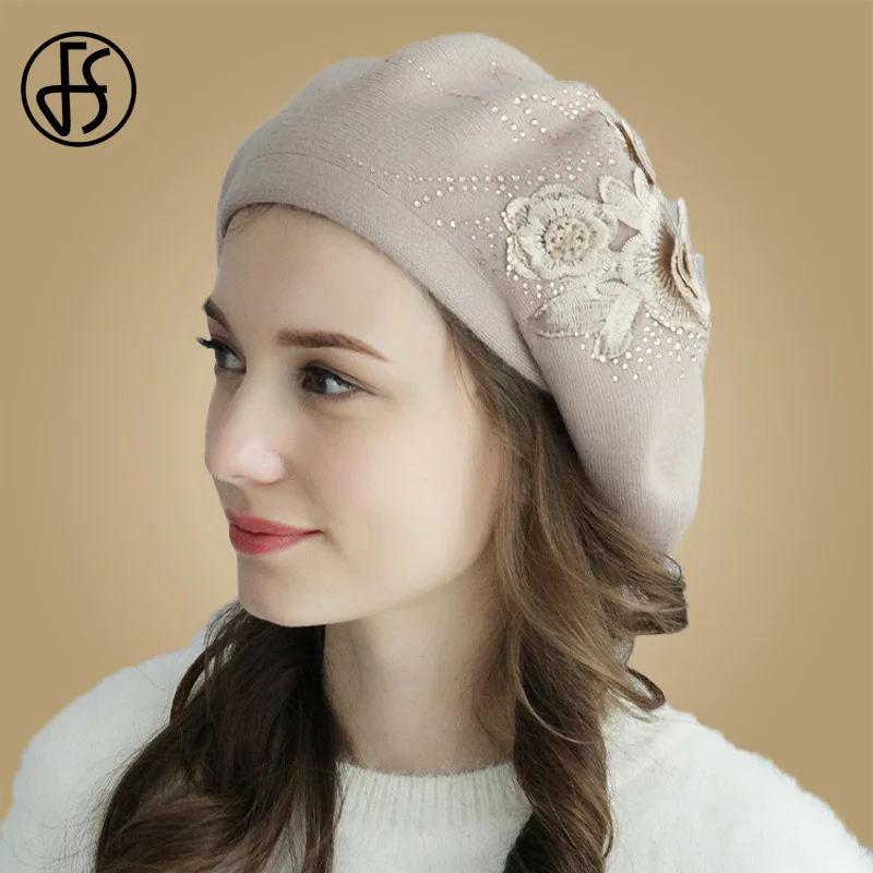 Pink flower FS женская вязаная шапка берет женские модные береты Femme осенние черные розовые красные теплые шерстяные зимние шапки Touca Inverno Feminina - Цвет: Pink flower