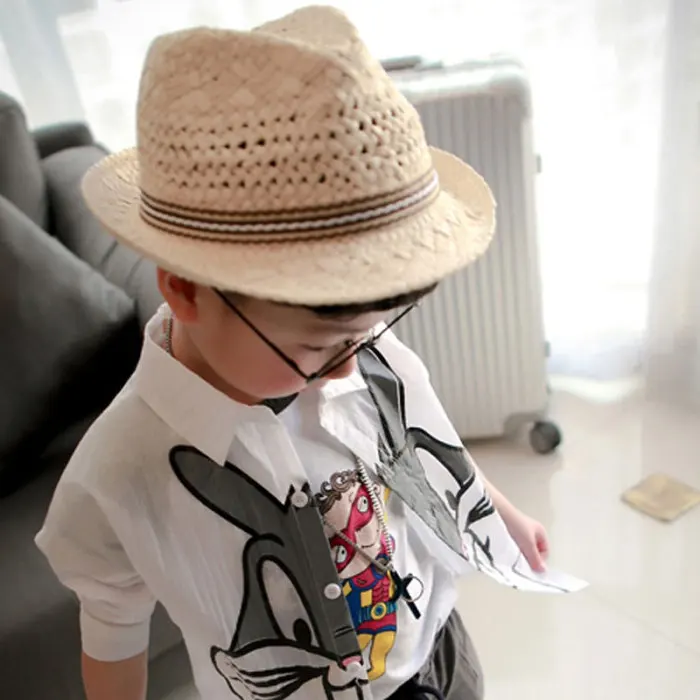 Новая простая модная детская соломенная шляпа ручной работы винтажная широкополая шляпа летняя пляжная Солнцезащитная шляпа для мальчиков и девочек