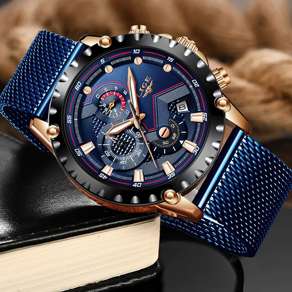 Relogio Masculino lige top модный бренд часы Для мужчин Спорт Водонепроницаемый Нержавеющая сталь пояс сетки кварцевые часы мужские наручные часы