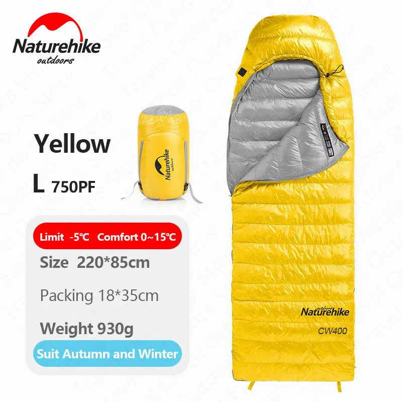 Naturehike Кемпинг CW400 зимний сверхлегкий спальный мешок гусиный пух 750FP конверт спальный мешок нейлон водонепроницаемый портативный путешествия - Цвет: Yellow-L-750FP