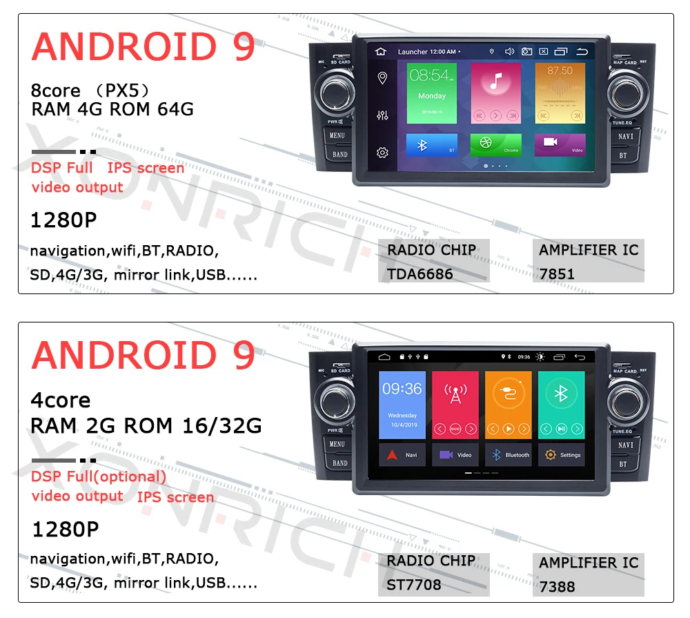 Ips DSP 8 Core 1 din Android 9 Ram 4G Автомобильный DVD мультимедийный плеер для Fiat Grande Punto Linea 2007-2012GPS навигация Радио экран