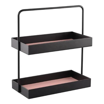 

2-Layer Metal Storage Tray Jewelry Display Plate Cosmetic Sundries Organizer Tray with PU Leather Pad for Desktop Decor