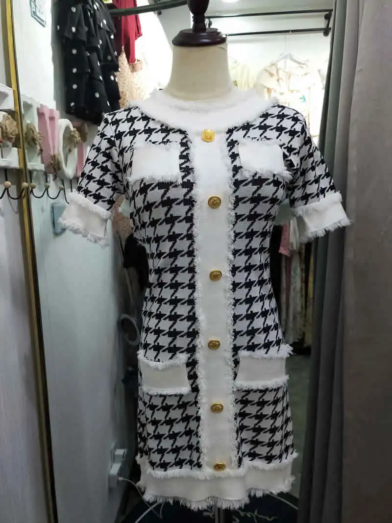 Осенний вязаный свитер Vestidos с коротким рукавом Мини облегающее клетчатое однобортное Повседневное платье
