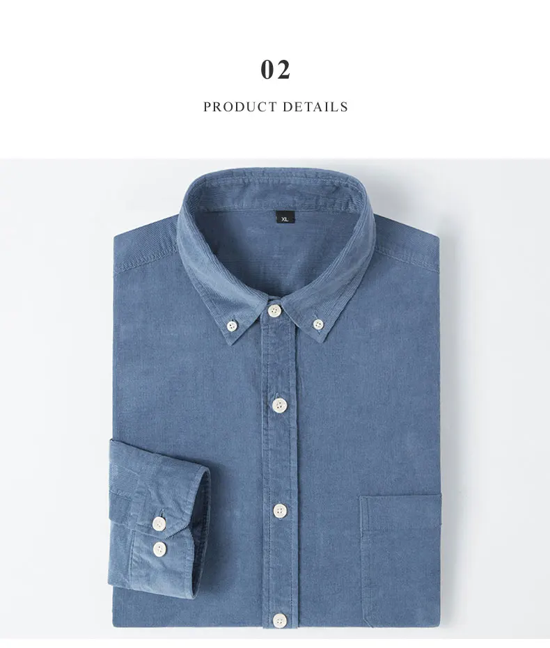 Men's Cotton Casual Shirt Long Sleeve Slim Fit Button-Down Neck Autumn Spring Soft Social Leisure Corduroy Shirt