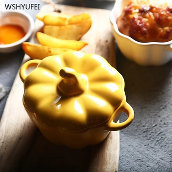 

Cartoon pumpkin shape with lid bowl ceramic baking stew roast bowl multi-function candy biscuit food storage cute binaural bowl