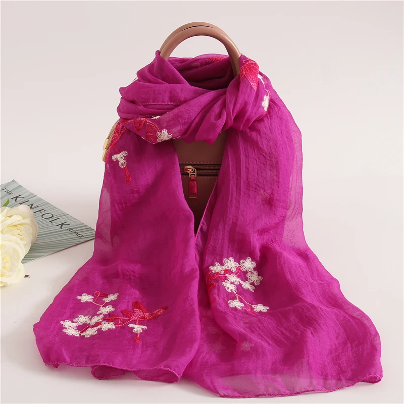 Embroidery Silk Scarves for Women New Fashion Floral Print Shawls and Wraps Thin Long Pashmina Lady Neck Scarf Hijab Femme - Цвет: lanhua 5