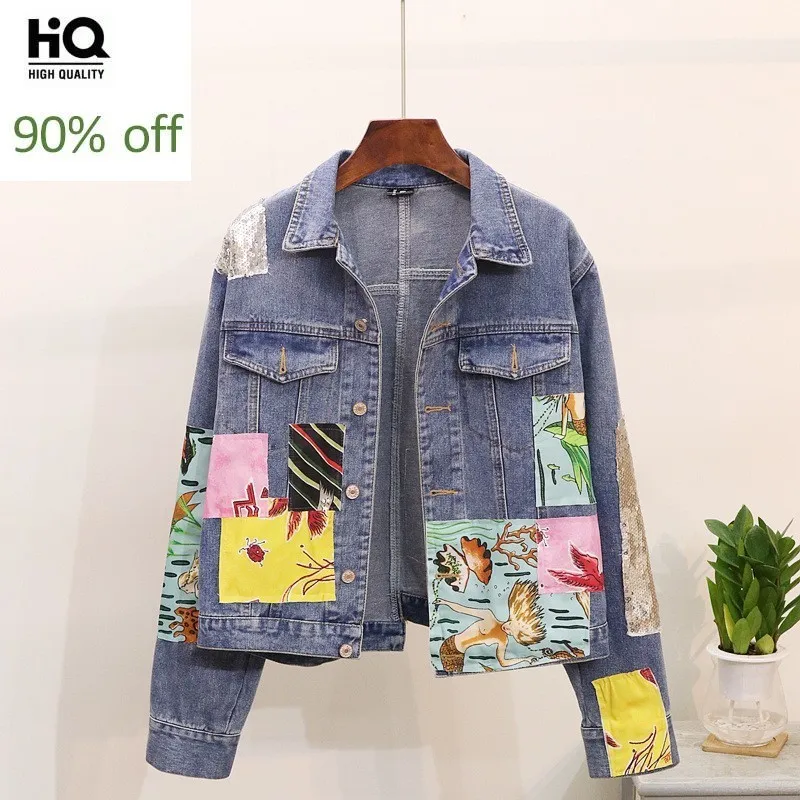 

Sequins Patch Designs Irregular Denim Coat Women Street Style Vintage Long Sleeve Short Jacket Spring Autumn Casaco Feminina