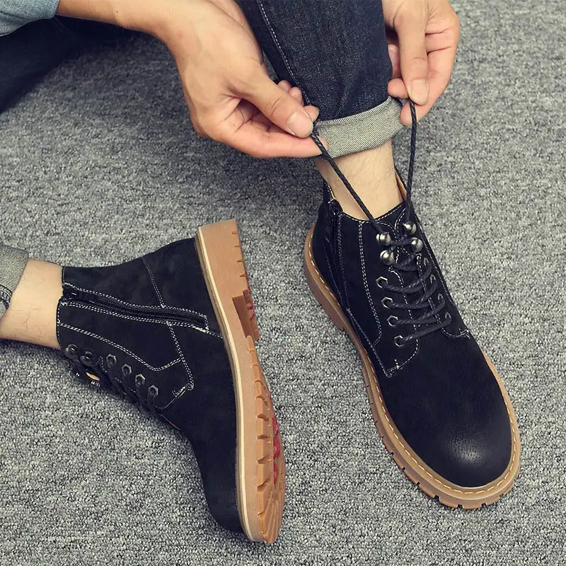 Ботильоны мужская обувь г. Обувь из натуральной кожи на шнуровке мужские ботинки классические ботинки с круглым носком на квадратном каблуке без застежки мужская обувь - Цвет: Black