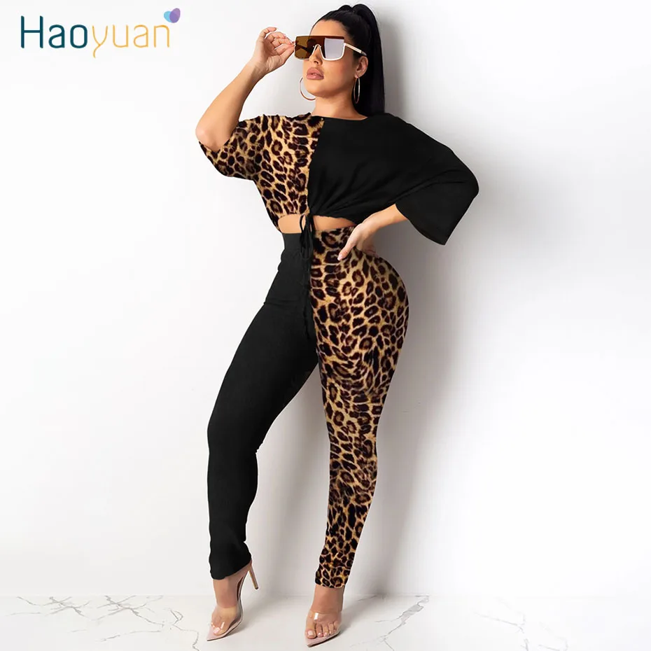 

HAOYUAN Two Piece Set Tracksuit Women Festival Clothes Leopard Crop Top and Pant Sweat Suits 2 Piece Matching Sets Fall Outfits