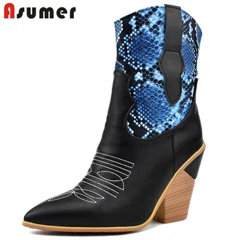 

ASUMER 2020 big size 48 ankle boots women mixed colors snake pointed toe wedges shoes cowboy european western boots woman