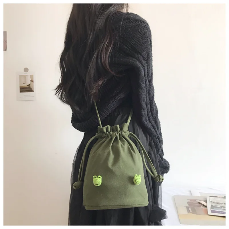 

Ougger Little Women's Shoulder Bags Crossbody Bags Summer Green Canvas Literary Cute Fresh Style Bucket Bag with String