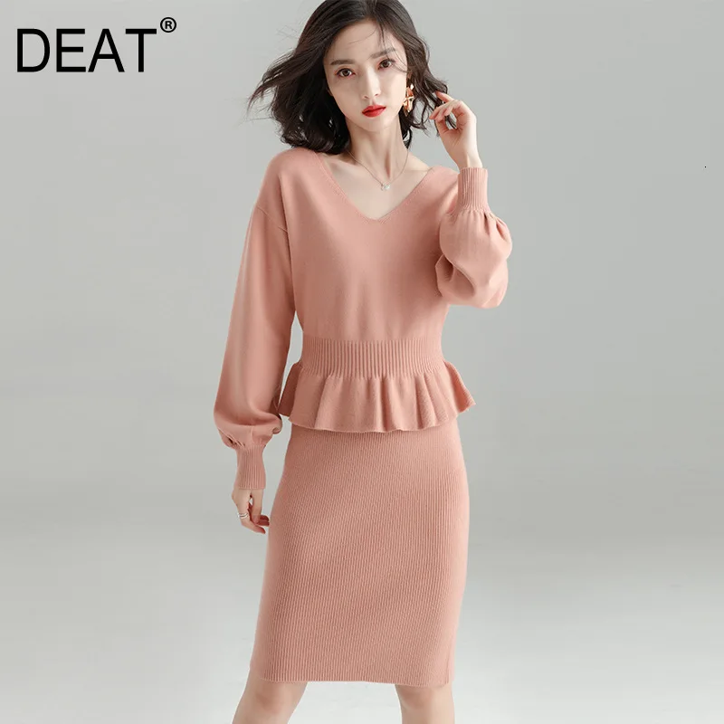 

[DEAT] 2019 Autumn Winter New Pattern Fashion Temperament Stretch Simple Thick Long-sleeved Ruffled Bag Hip Skirt Suit AT218
