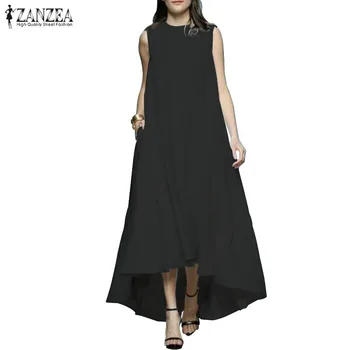 

ZANZEA 2020 Summer Sundress Women Long Maxi Vestidos Ladies Sleeveless High Low Baggy Dress Beach Party Solid Pockets Robe Femme